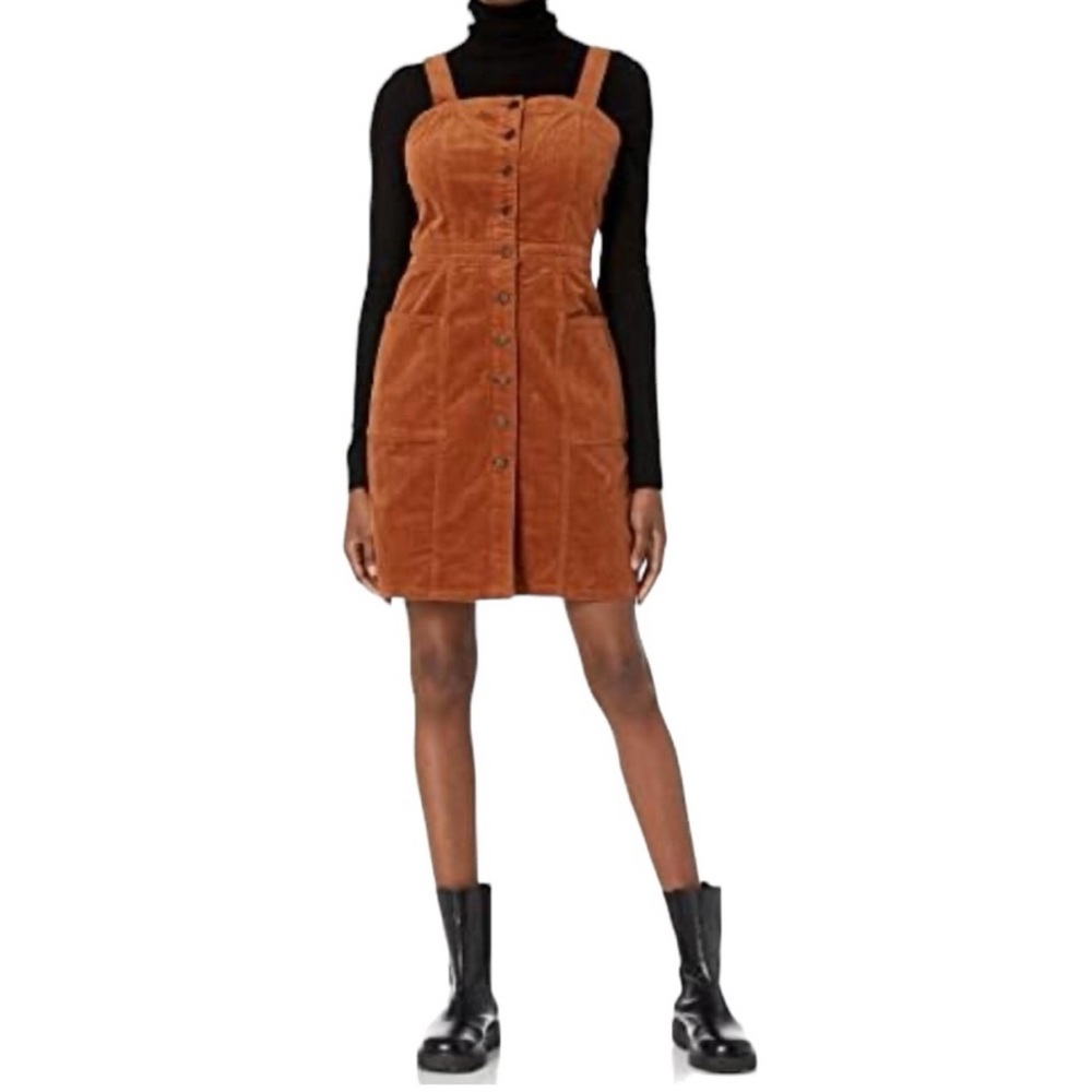Boho Brown Corduroy Mini Dress Button Front Overall Style Size 10 - Picture 1 of 9
